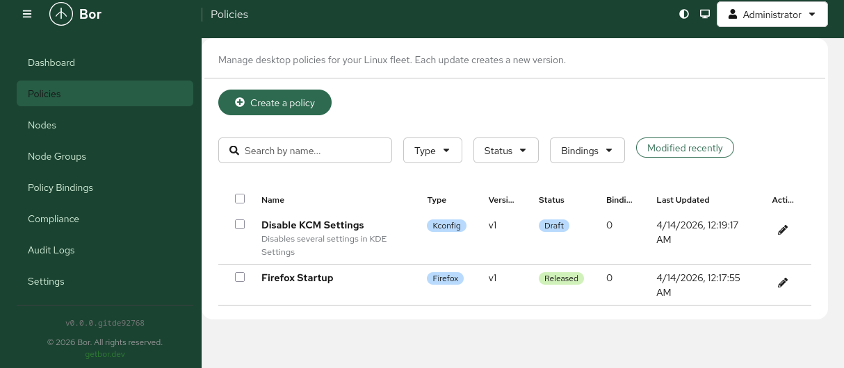 Bor policy management interface